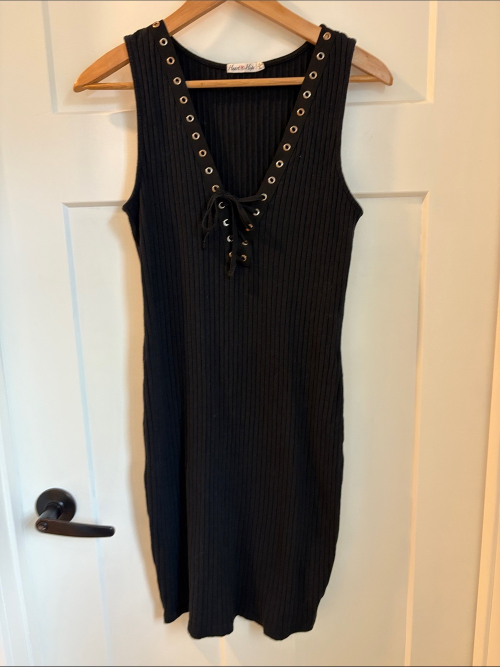 Heart Hips Black Ribbed Lace-Up Midi Dress